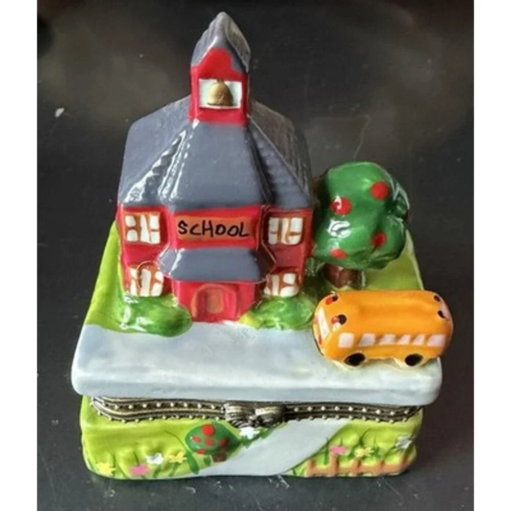 Little Red School House Teacher Bus Hinged Trinket Box and apple inside